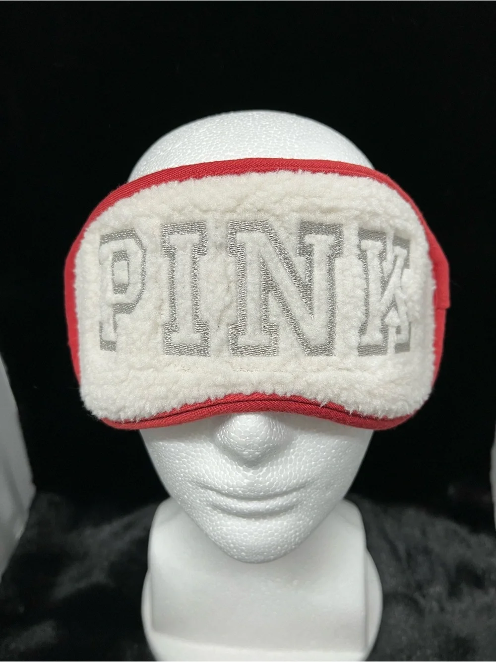 PINK Victoria's Secret Cream Sherpa Sleep Mask with Red Trim